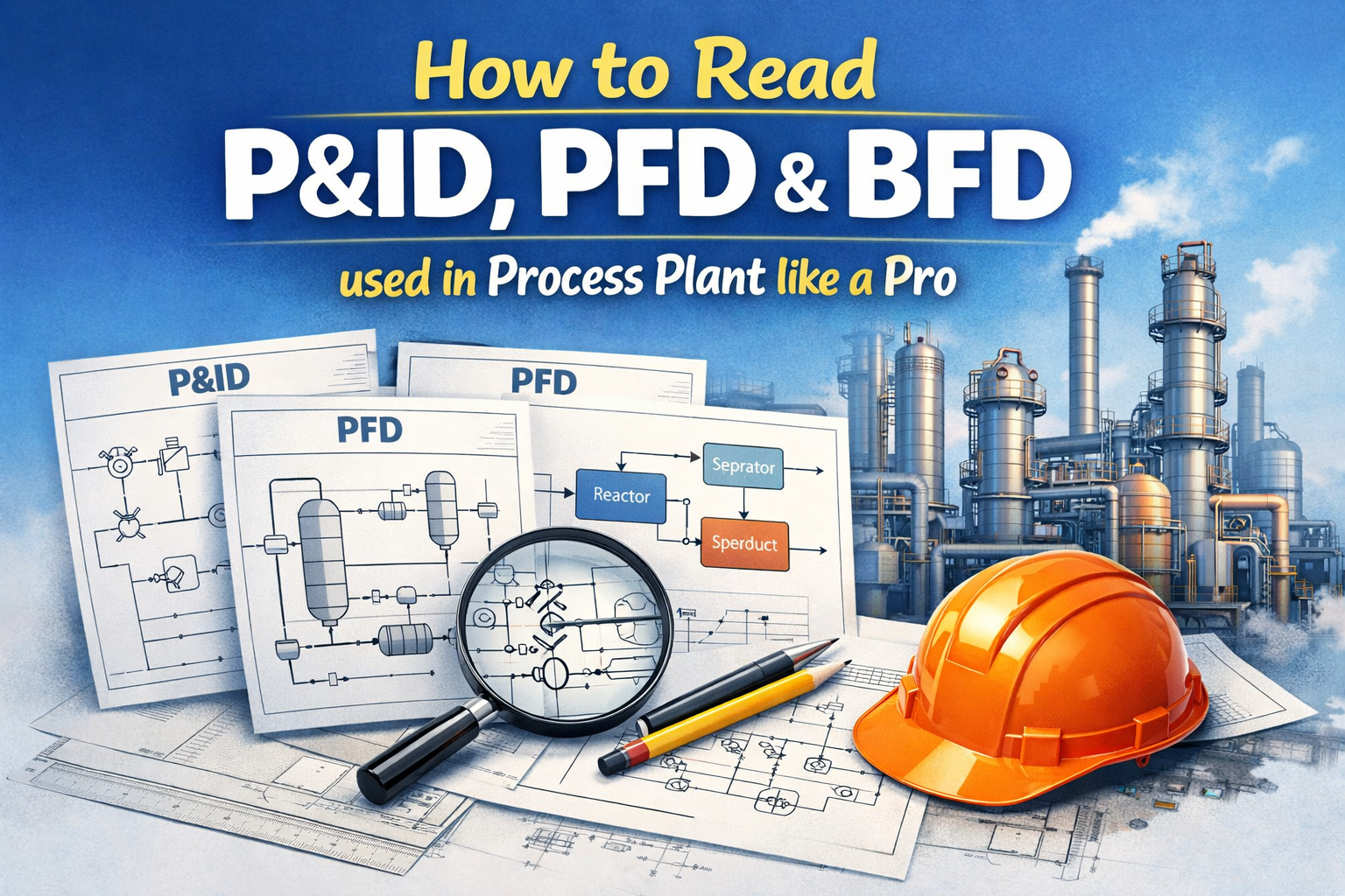 P&ID, PFD and BFD process plant diagrams with piping and instrumentation drawings