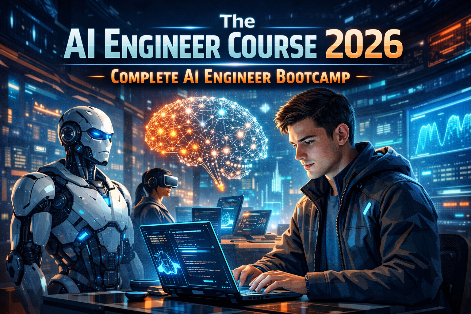 AI engineer working on laptop with robot assistant and digital brain visualization – The AI Engineer Course 2026 Complete AI Engineer Bootcamp banner