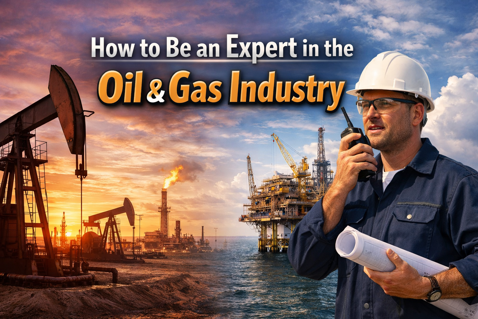 Oil and gas engineer at offshore platform with drilling and refinery operations