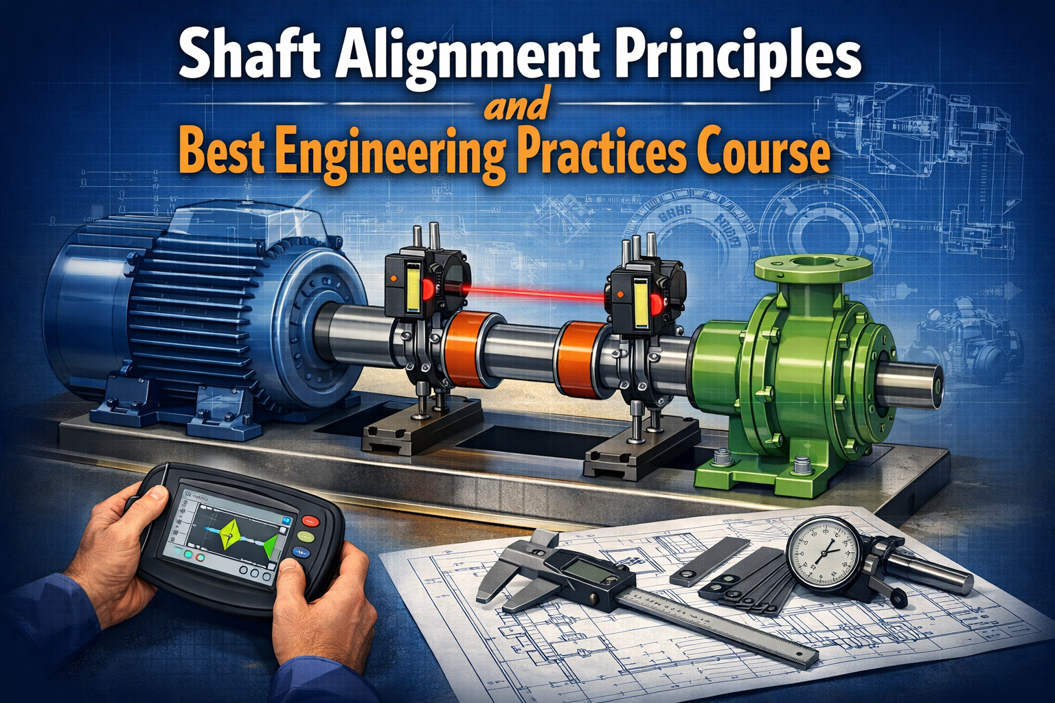 Shaft alignment setup using laser alignment tool with motor and pump showing precision engineering practices in industrial maintenance.