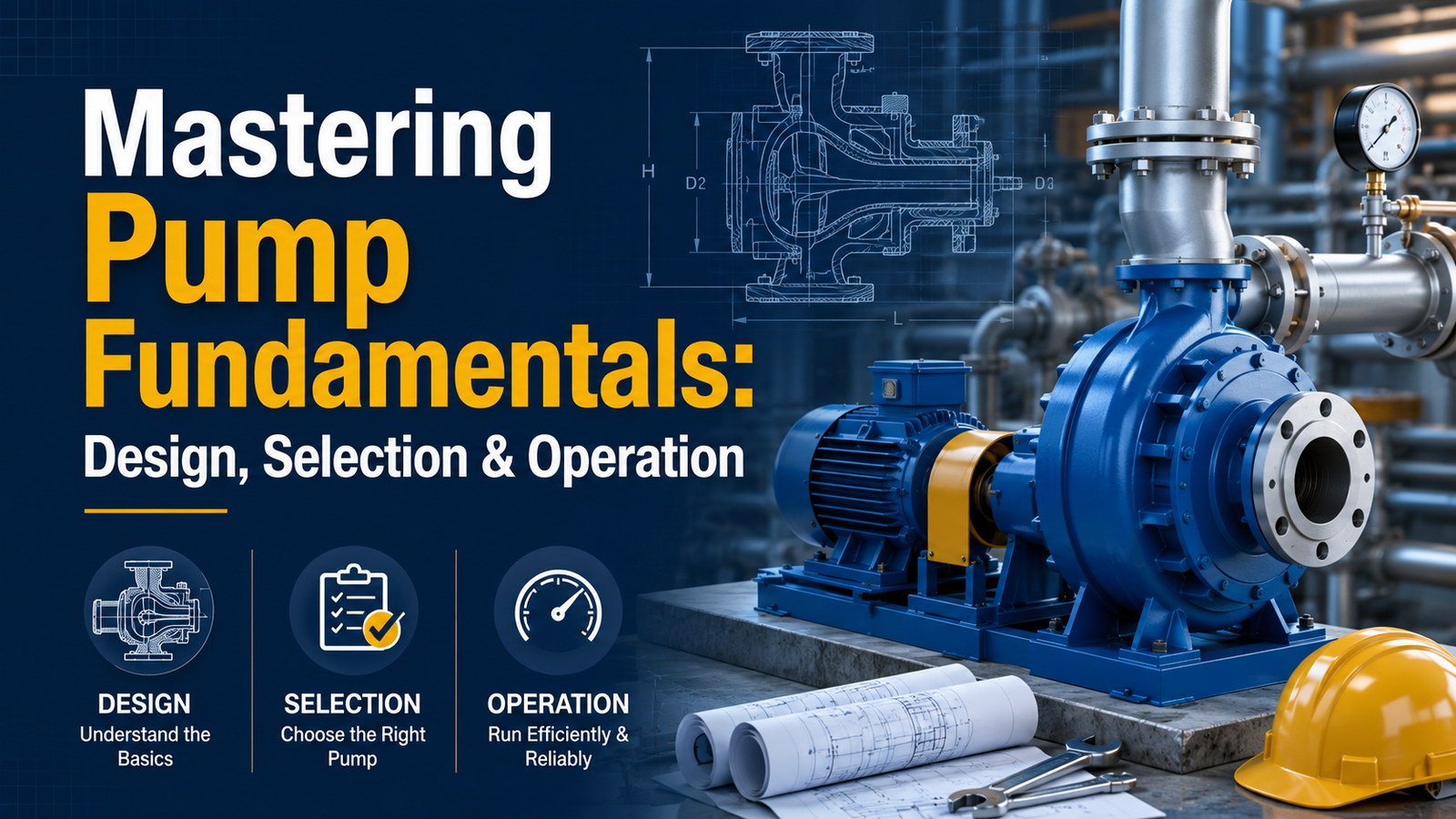 Mastering Pump Fundamentals: Design, Selection & Operation – industrial centrifugal pump with motor, pipeline system, pressure gauge, and engineering blueprint overlay in a modern factory setting.