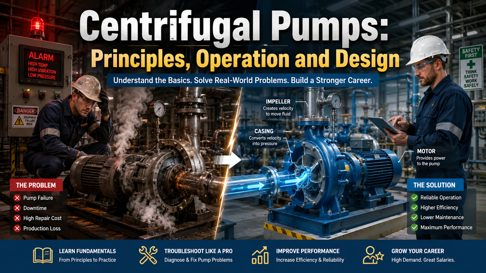Centrifugal pumps principles operation and design concept showing pump failure vs efficient system with impeller casing motor and engineer in modern industrial plant