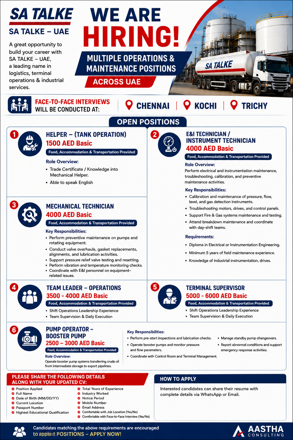 "SA TALKE UAE hiring Mechanical Technicians, E&I Technicians, Pump Operators, Terminal Supervisors, Team Leaders, and Helpers