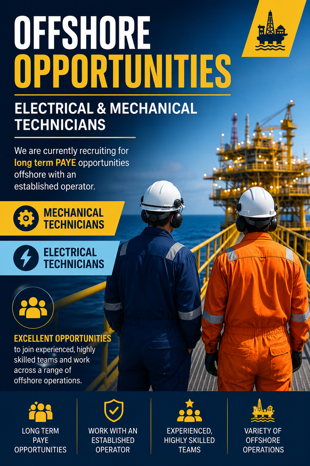 Offshore recruitment poster for Electrical and Mechanical Technicians featuring long-term PAYE opportunities, an offshore platform, and skilled technicians working on an offshore facility.