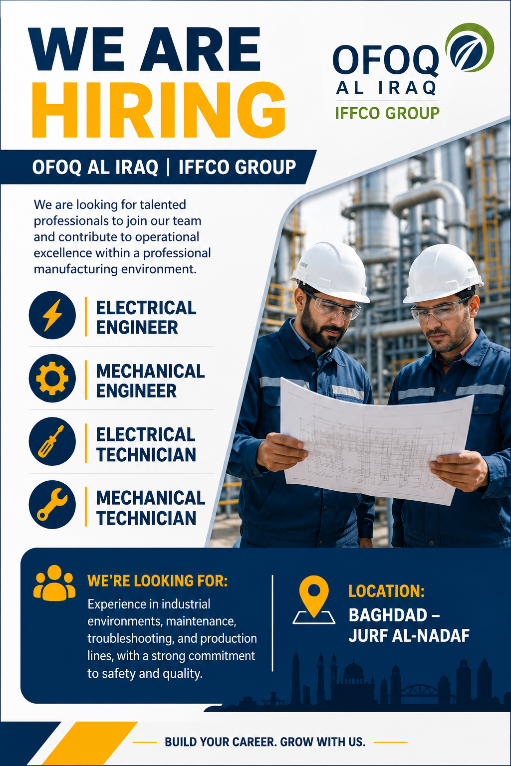 OFOQ AL IRAQ IFFCO Group hiring poster for Electrical and Mechanical Engineers and Technicians in Baghdad, Jurf Al-Nadaf, Iraq.